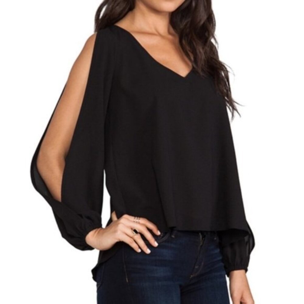 Lovers + Friends V-Neck Split Sleeve High-Low Blouse Black Size Medium